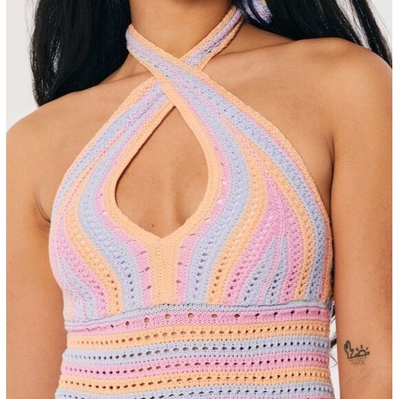 Hollister Crochet Halter Top Pink White Beachy Festival Boho Sz L - Picture 1 of 7